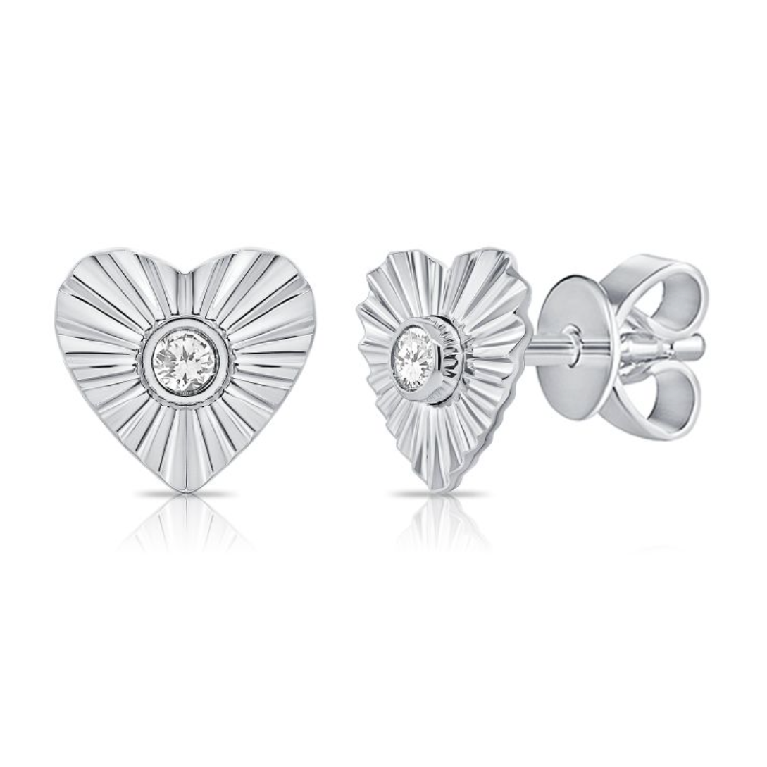 Fluted Diamond Heart Stud Earrings