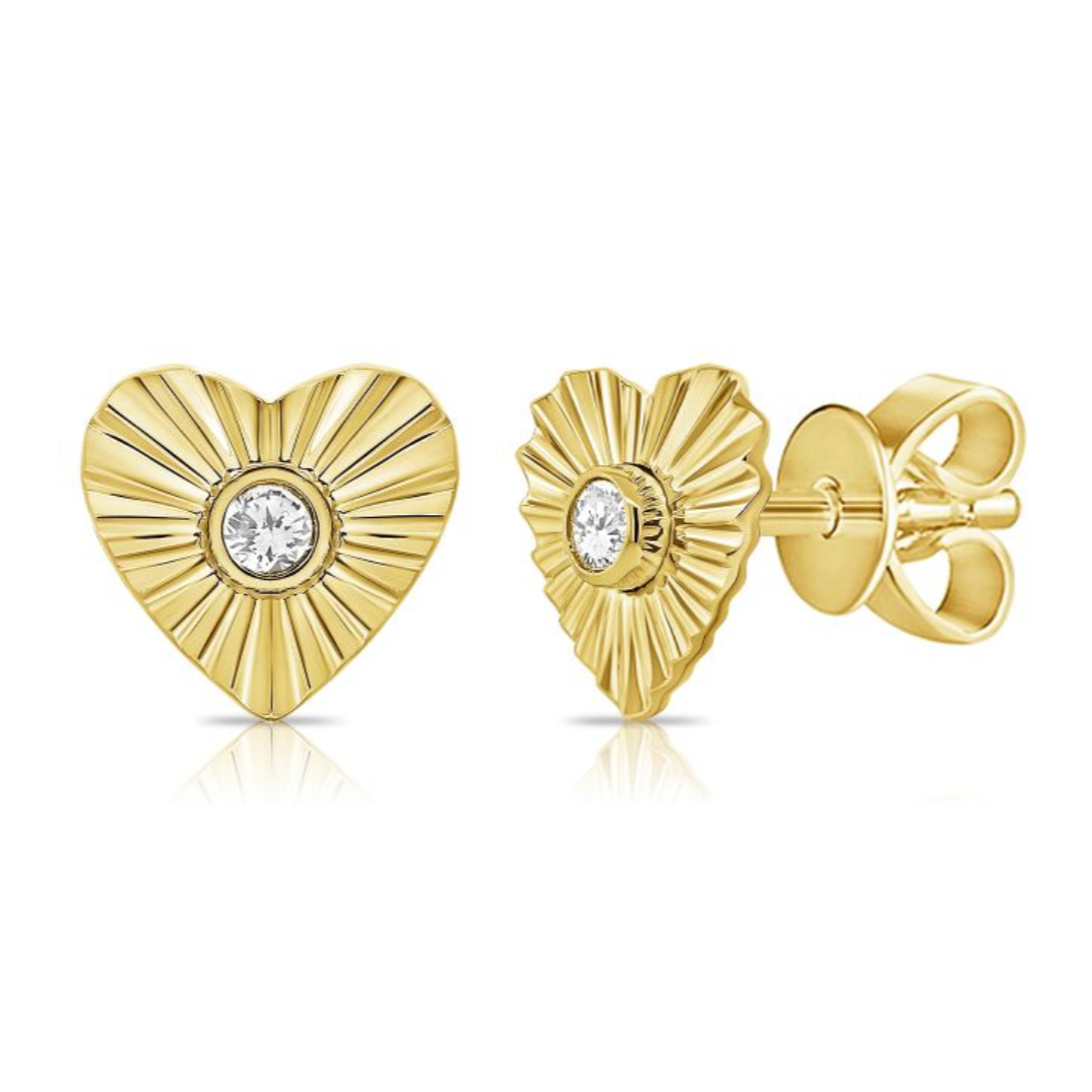 Fluted Diamond Heart Stud Earrings